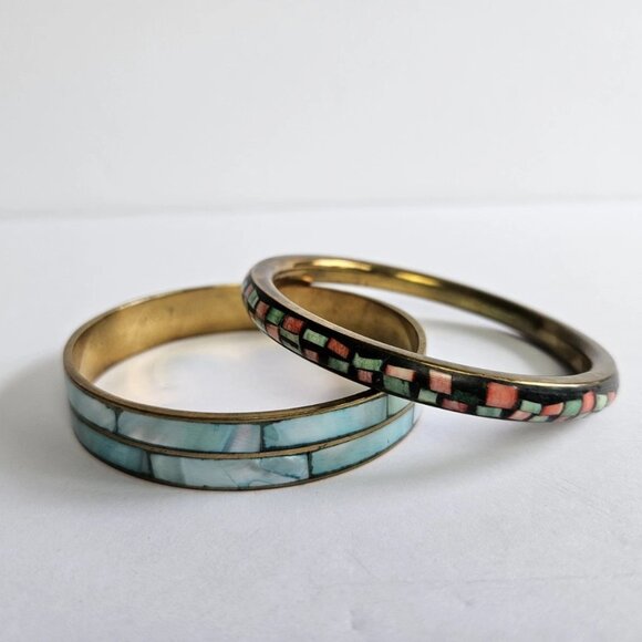 BOHO Vtg Handmade Inlayed Multicolor Bangle Bracelets Blue Red Green 2.5" - Picture 7 of 10